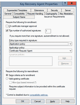 Windows Key Recovery Agent Properties window with the Issance Requirements tab displayed